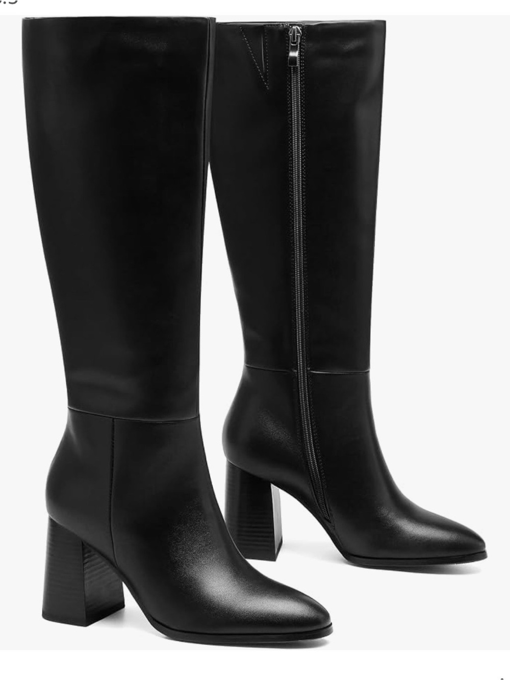 Tall Black Leather Block-Heel Knee Boots